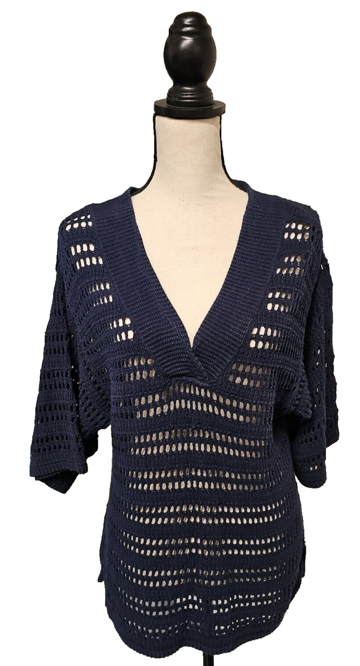 IZOD Sweater Blue Mesh Open Knit Women Size S/P Short Sleeve V-neck Oversized